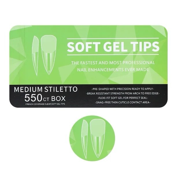 Tips soft gel - médium stiletto 550 unidades