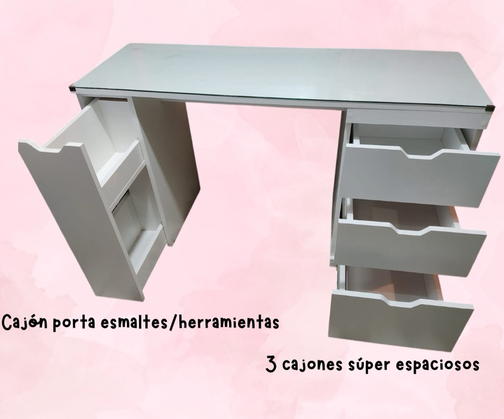 MESA MANICURA 3 CAJONES Y PORTA ESMALTES