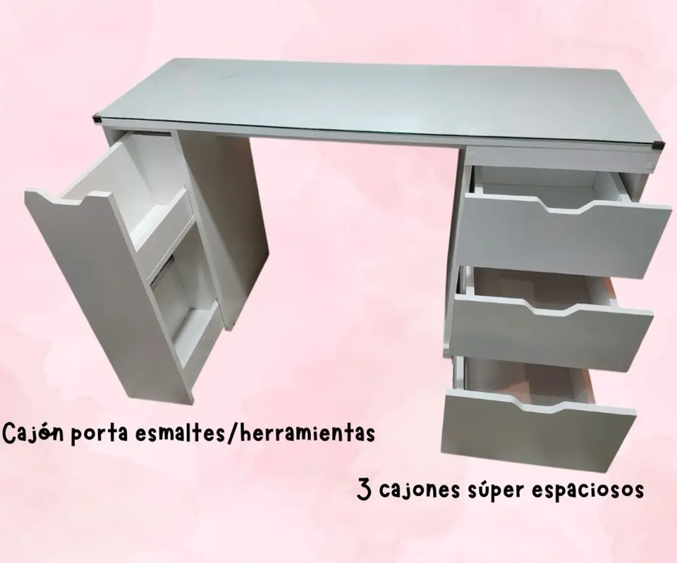 MESA MANICURA 3 CAJONES Y PORTA ESMALTES