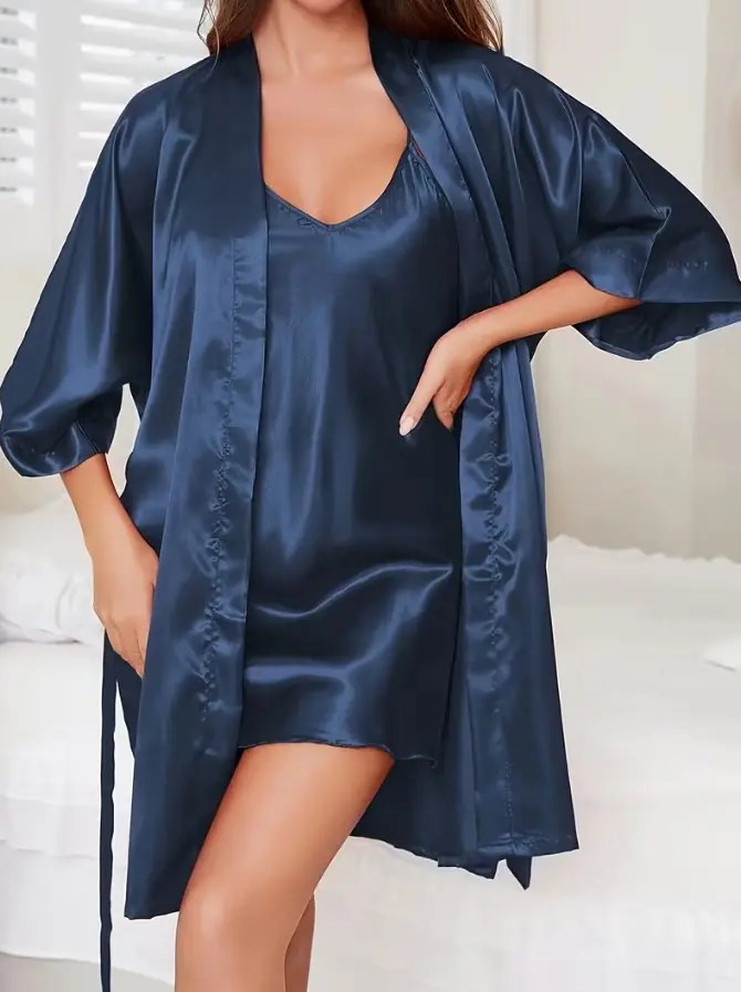Conjunto Baby Doll + Bata Azul Liso