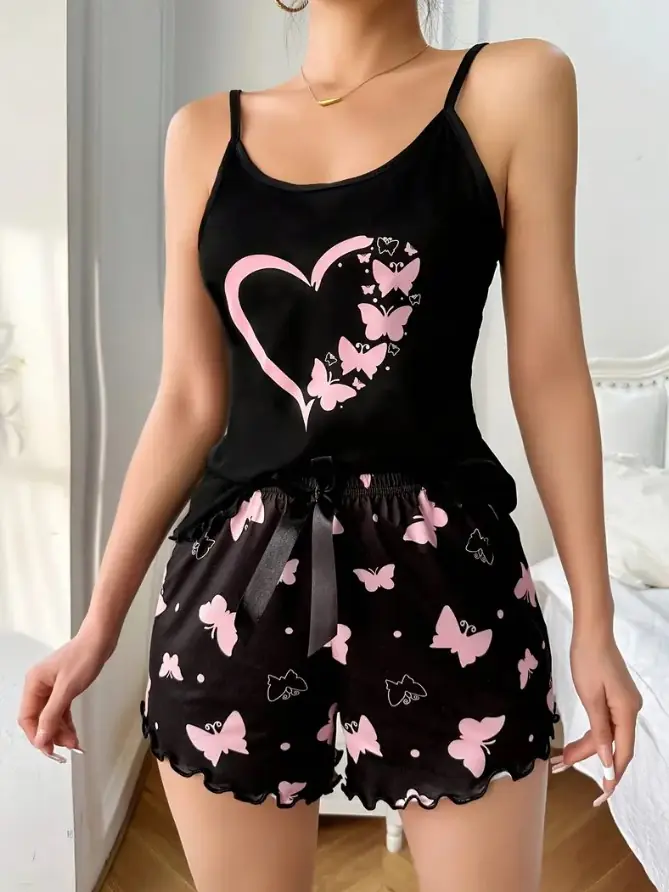 Pijama Modal Negro Mariposas Rosas