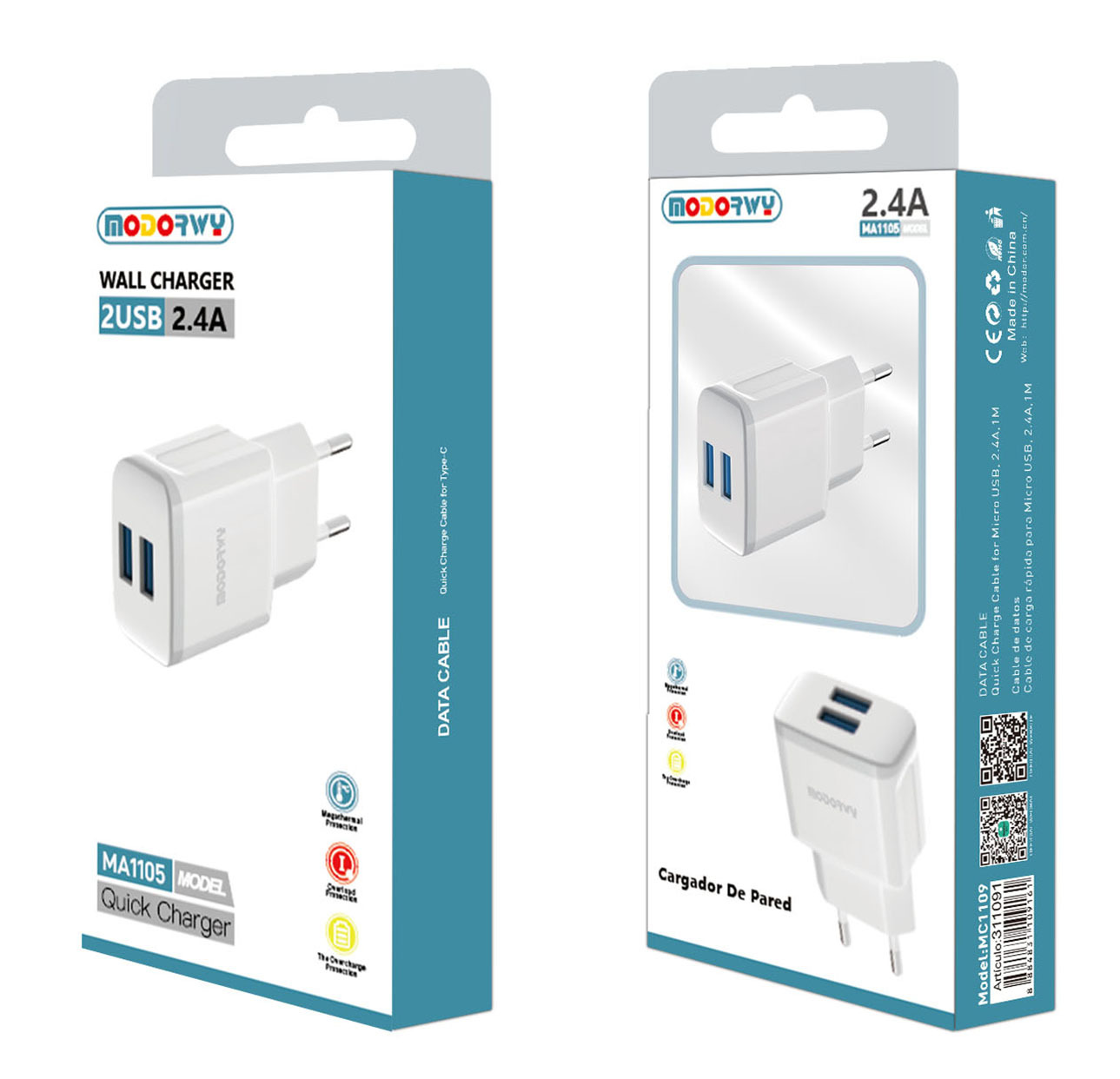 CARGADOR FICHA DOBLE USB PARED S/CABLE 2.4A/12W- MODORWY MA1105