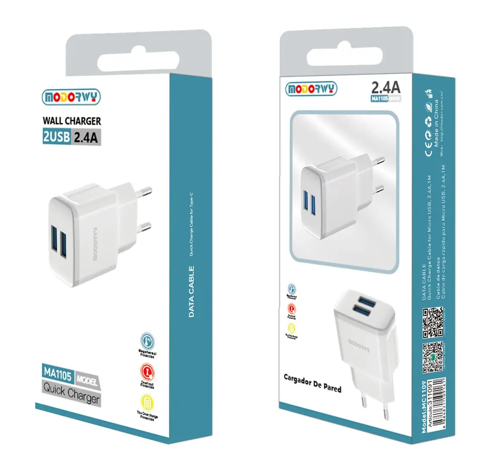 CARGADOR FICHA DOBLE USB PARED S/CABLE 2.4A/12W- MODORWY MA1105
