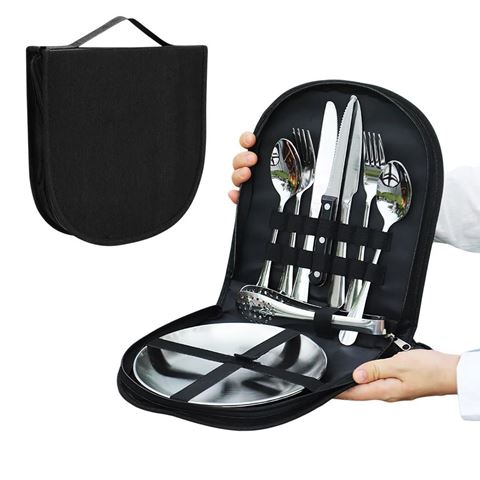 Set para picnic-acero inox- 2 personas con platos en estuche