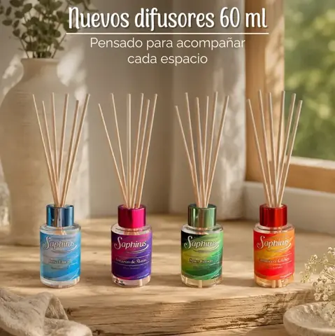 MINI DIFUSOR AROMATICO CON VARILLAS DE RATAN 60ML – VARIAS FRAGANCIAS – SAPHIRUS