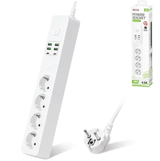 Zapatilla Alargue 2MT 4 Toma Corriente Schuko 4 USB 2 Puertos Tipo-C