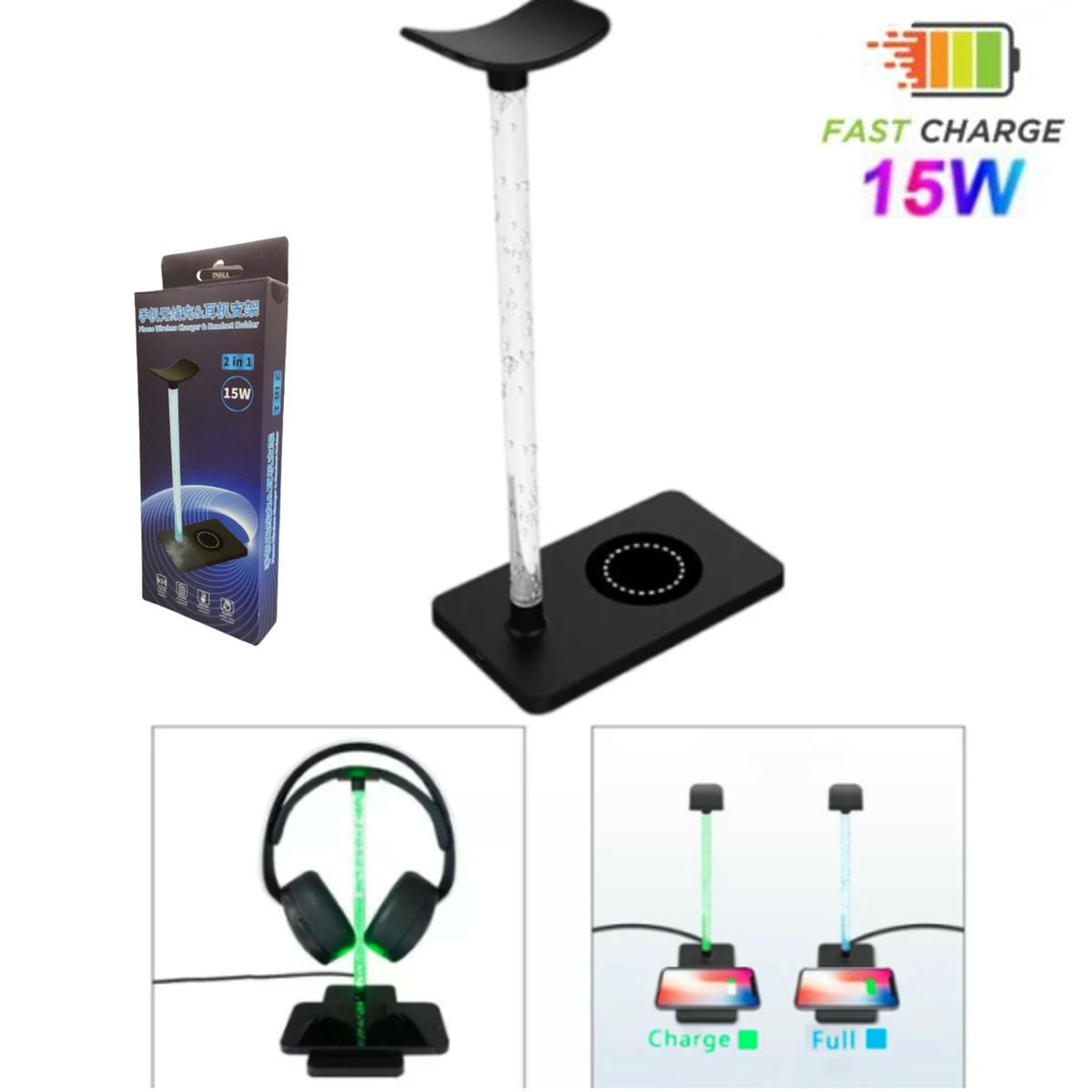 Soporte Auriculares Luces Led + Base Carga Inalámbrica