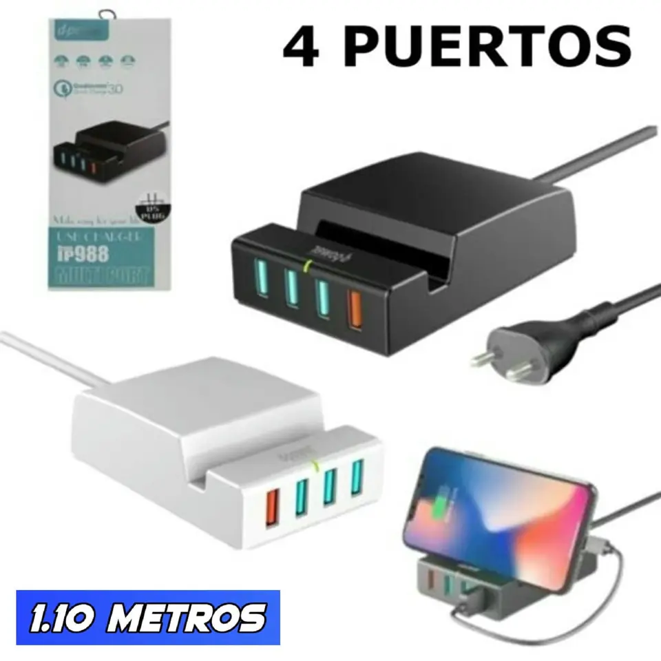 Alargue Zapatilla Cargador Base De Carga 4 Puertos Usb Negro
