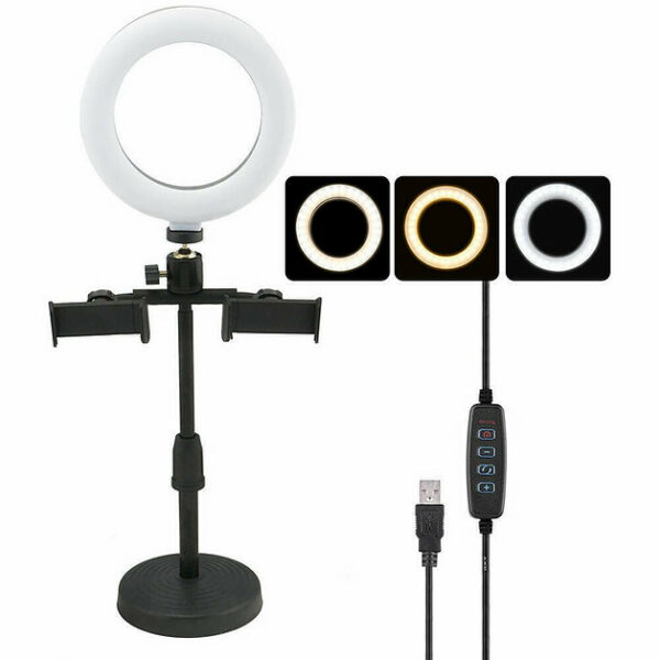 Aro De Luz Led 16cm Escritorio Trípode 2 Soportes Celular