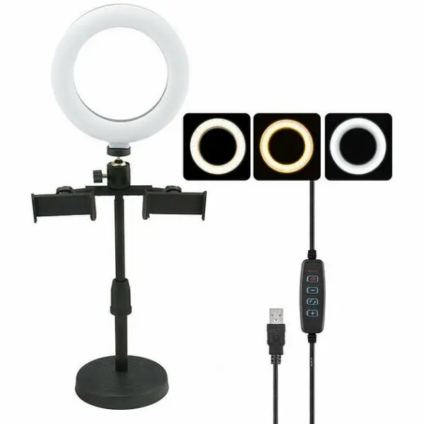 Aro De Luz Led 16cm Escritorio Trípode 2 Soportes Celular