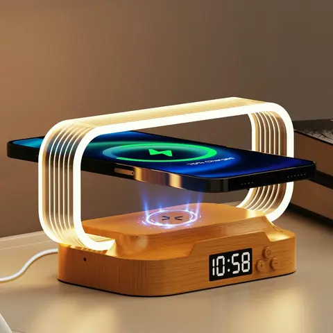 Lampara Luz Led Con Reloj Y Cargador Inalámbrico De Mesa