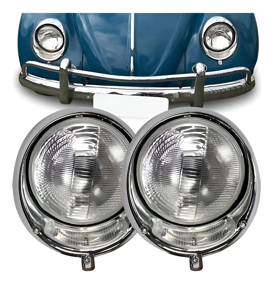 Par de Faroles para Fusca 1963–1972 / Kombi Antigua hasta 1975 (Con Aro Cromado)