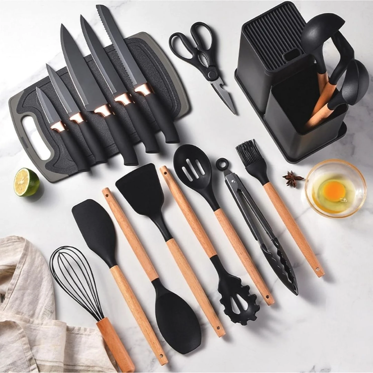 Set de cocina 19 piezas en silicona madera. Cuchillos+tabla