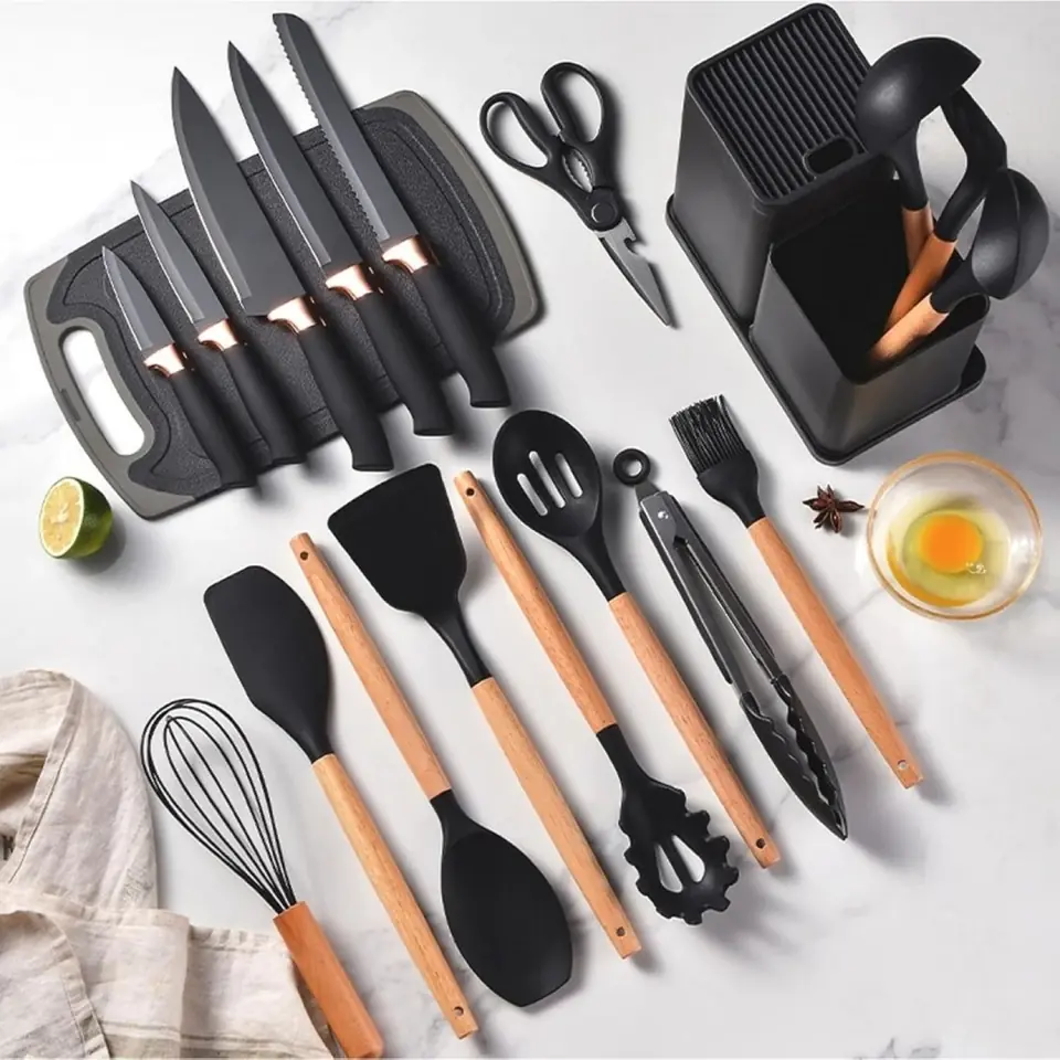 Set de cocina 19 piezas en silicona madera. Cuchillos+tabla