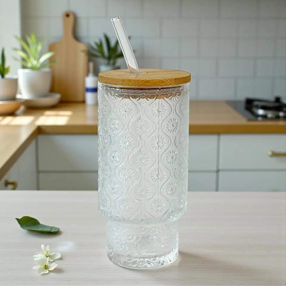 Vaso de vidrio labrado transparente con tapa de bambú y sorbete de vidrio.
