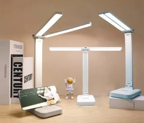 Lámpara de escritorio LED con diseño de doble brazo plegable