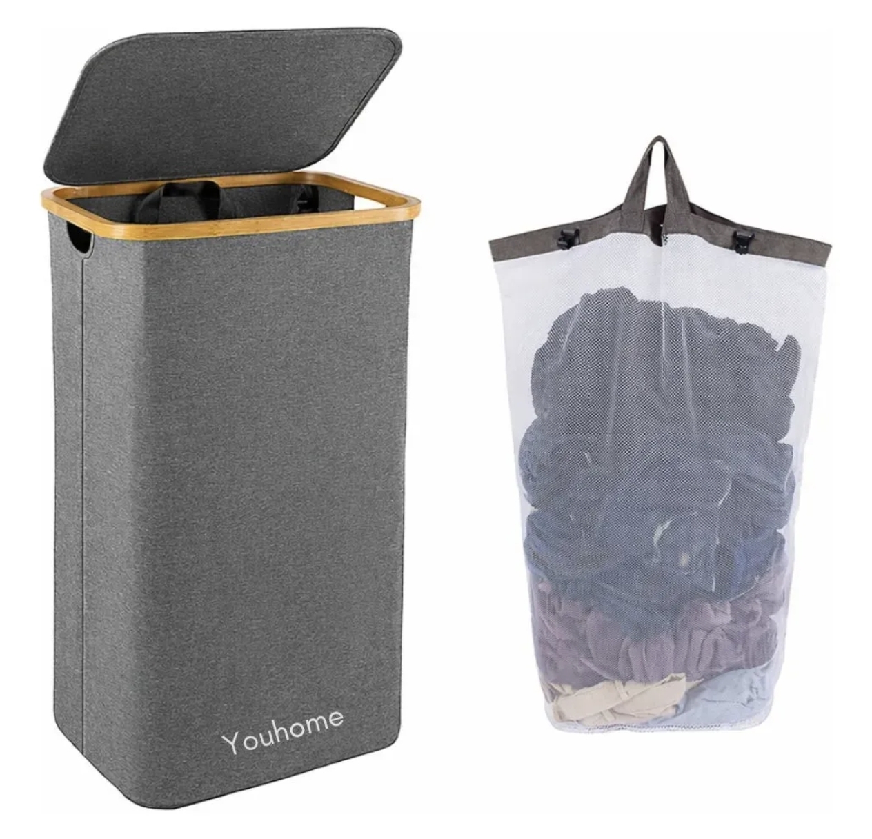 Cesto para Ropa  Plegable de Bambú y Tela con Tapa