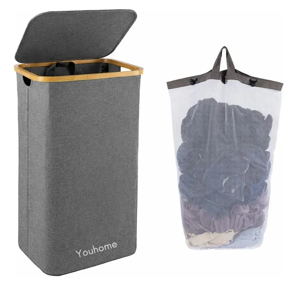 Cesto para Ropa  Plegable de Bambú y Tela con Tapa