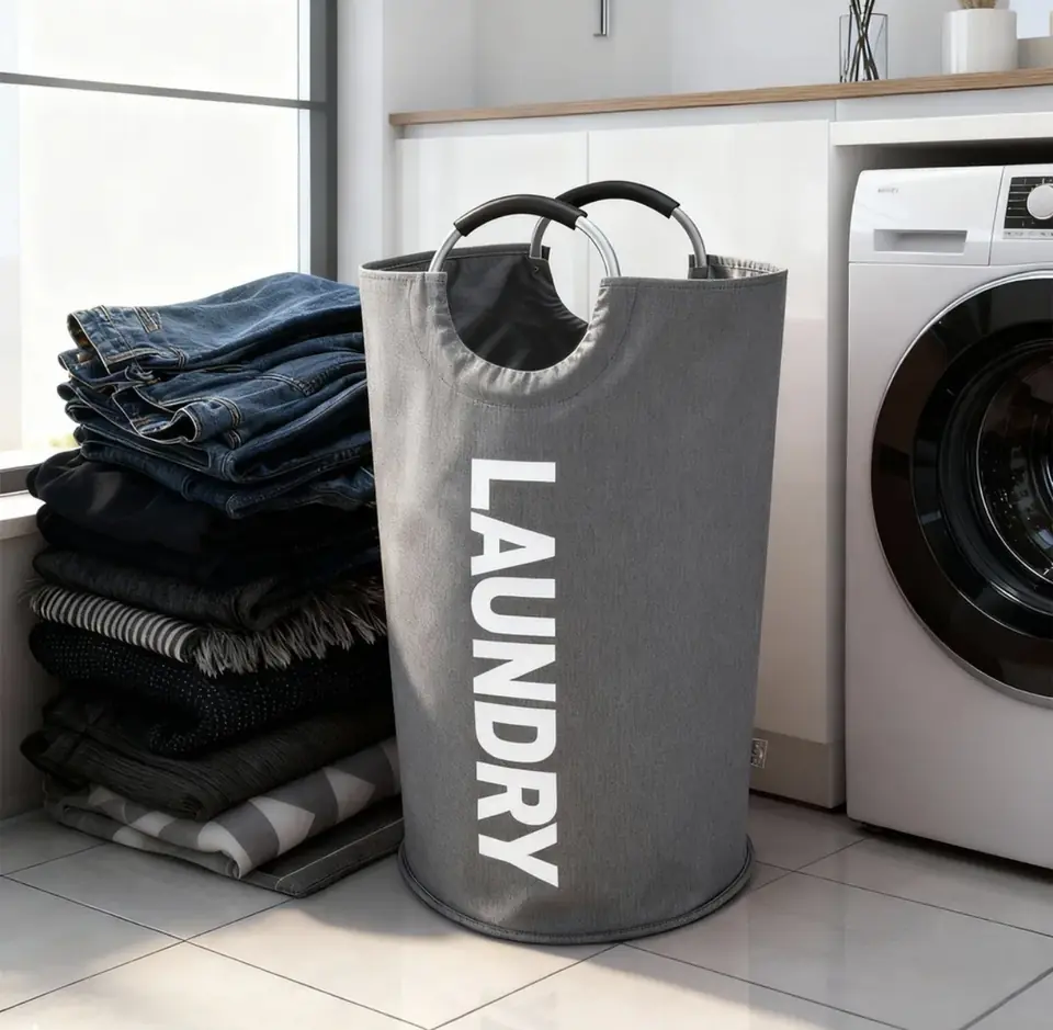 Canasto para ropa sucia plegable de tela gris