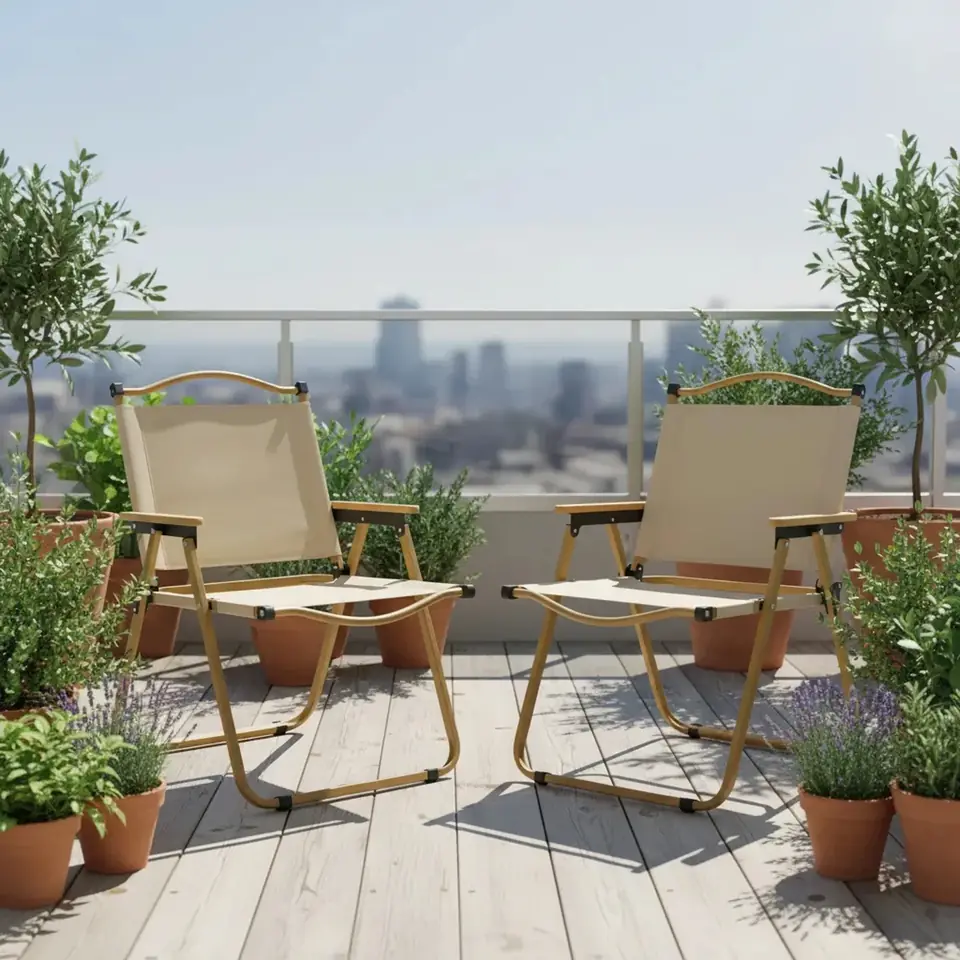 Silla plegable portátil con estructura metálica y apoyabrazos de madera