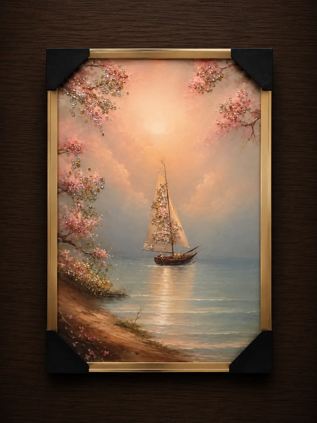 Velero en Atardecer con ramas rosas