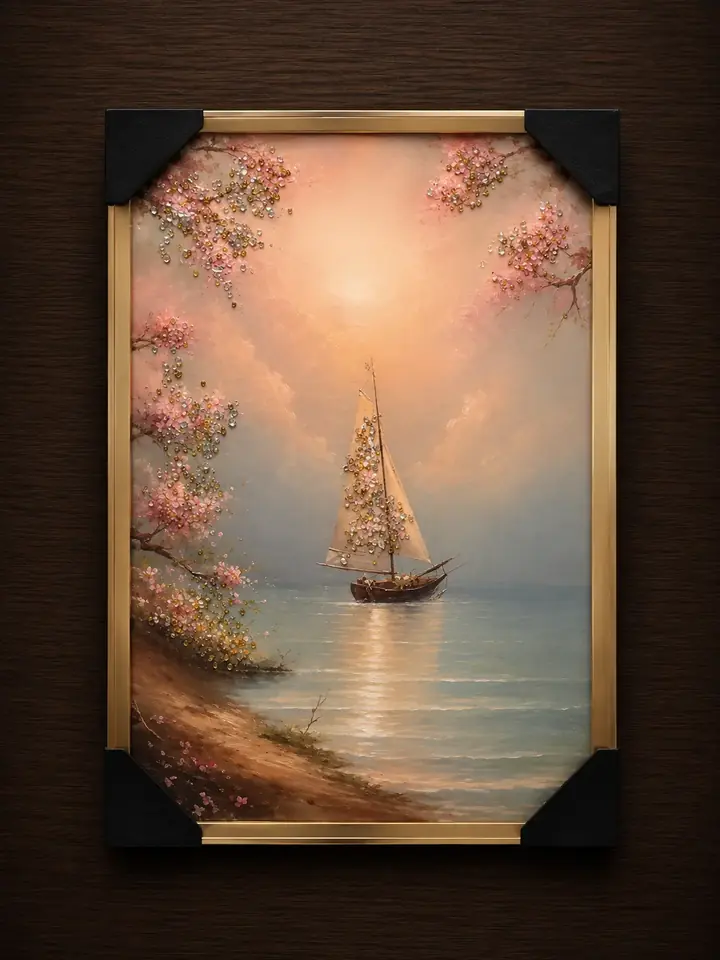 Velero en Atardecer con ramas rosas
