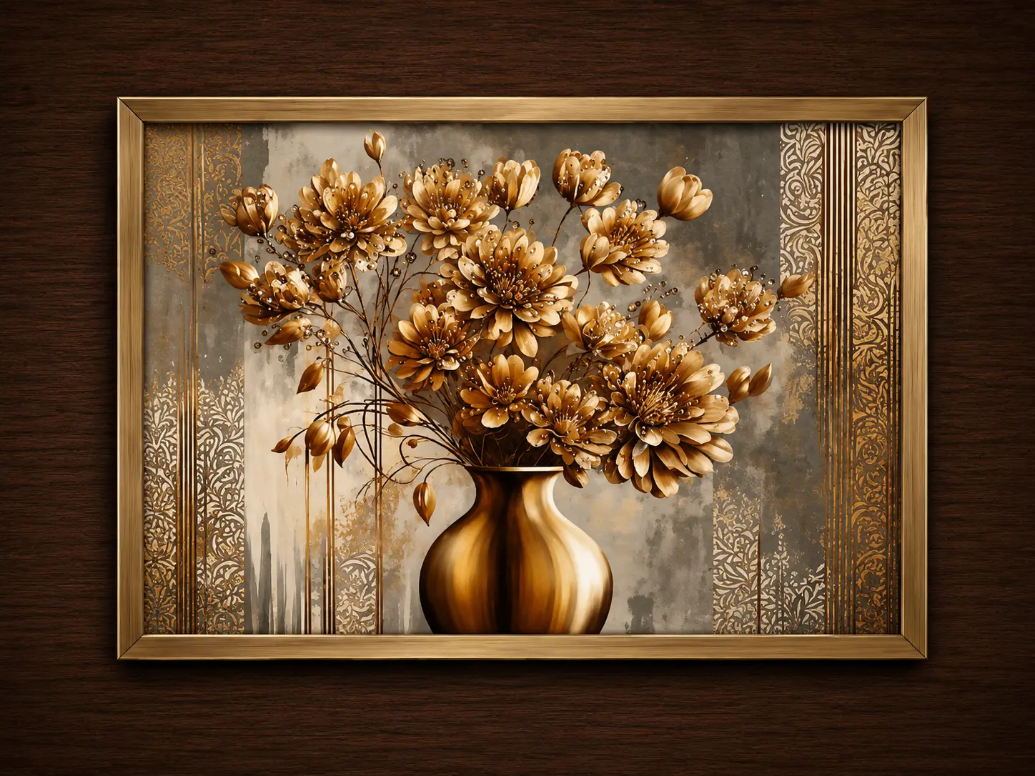 Cuadro dorado con flores y ojos doradas