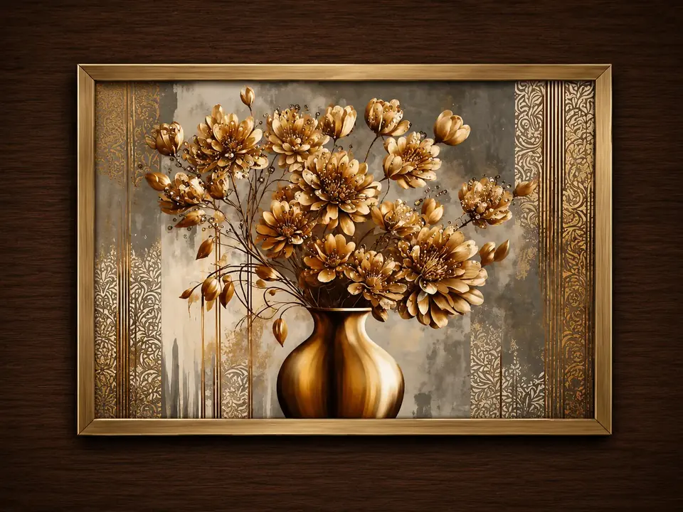 Cuadro dorado con flores y ojos doradas