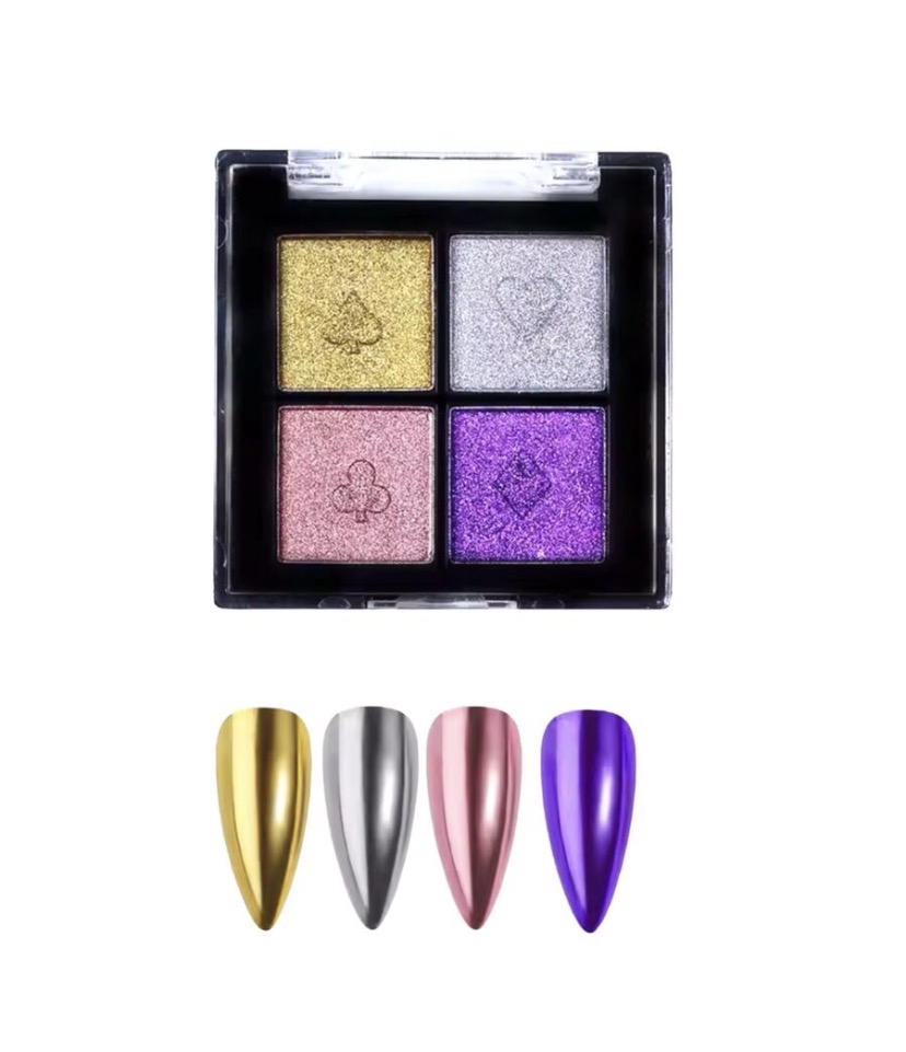 Polvo espejo (Cromo)x 4 - Dorado + Plateado + Rosa + Violeta claro
