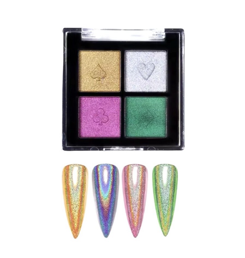 Polvo espejo (holografico)x 4 - Dorado + Plateado + Rosa + Verde