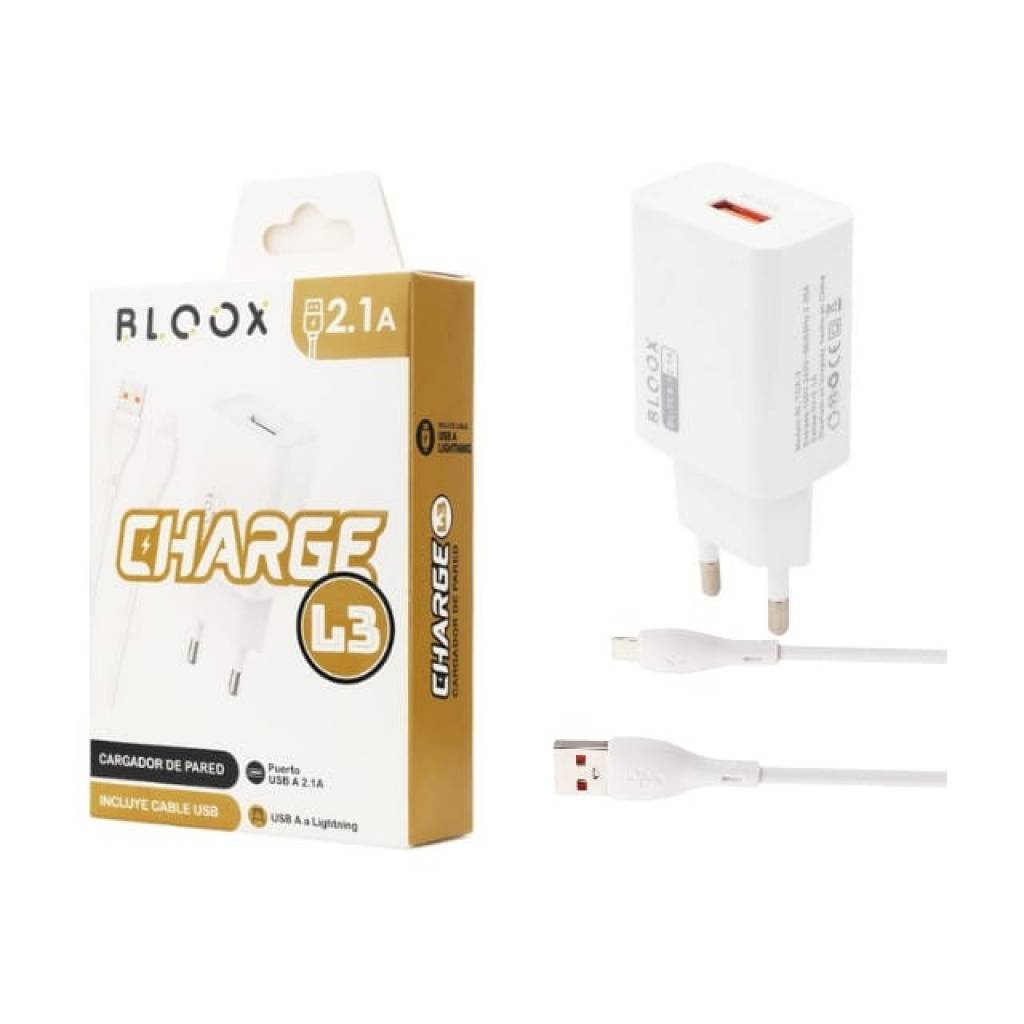 Cargador BLOOX 1 USB 2.1A Cable Lightning 1M (BL-TCA-L3)