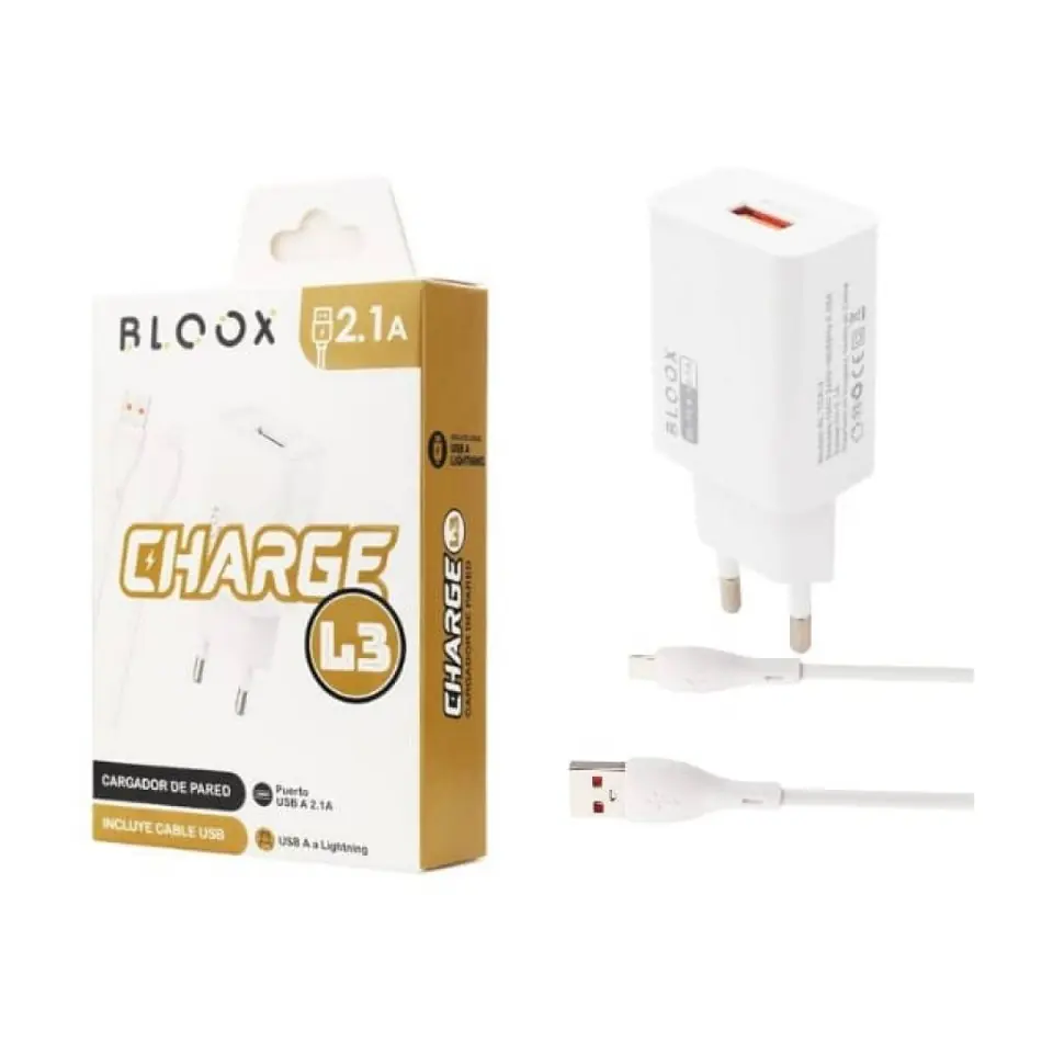 Cargador BLOOX 1 USB 2.1A Cable Lightning 1M (BL-TCA-L3)