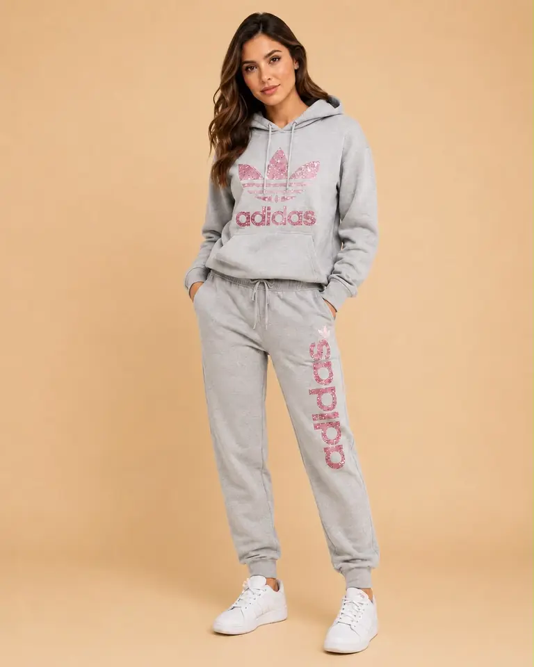 Conjunto Deportivo Gris Melange con Glitter Rosado