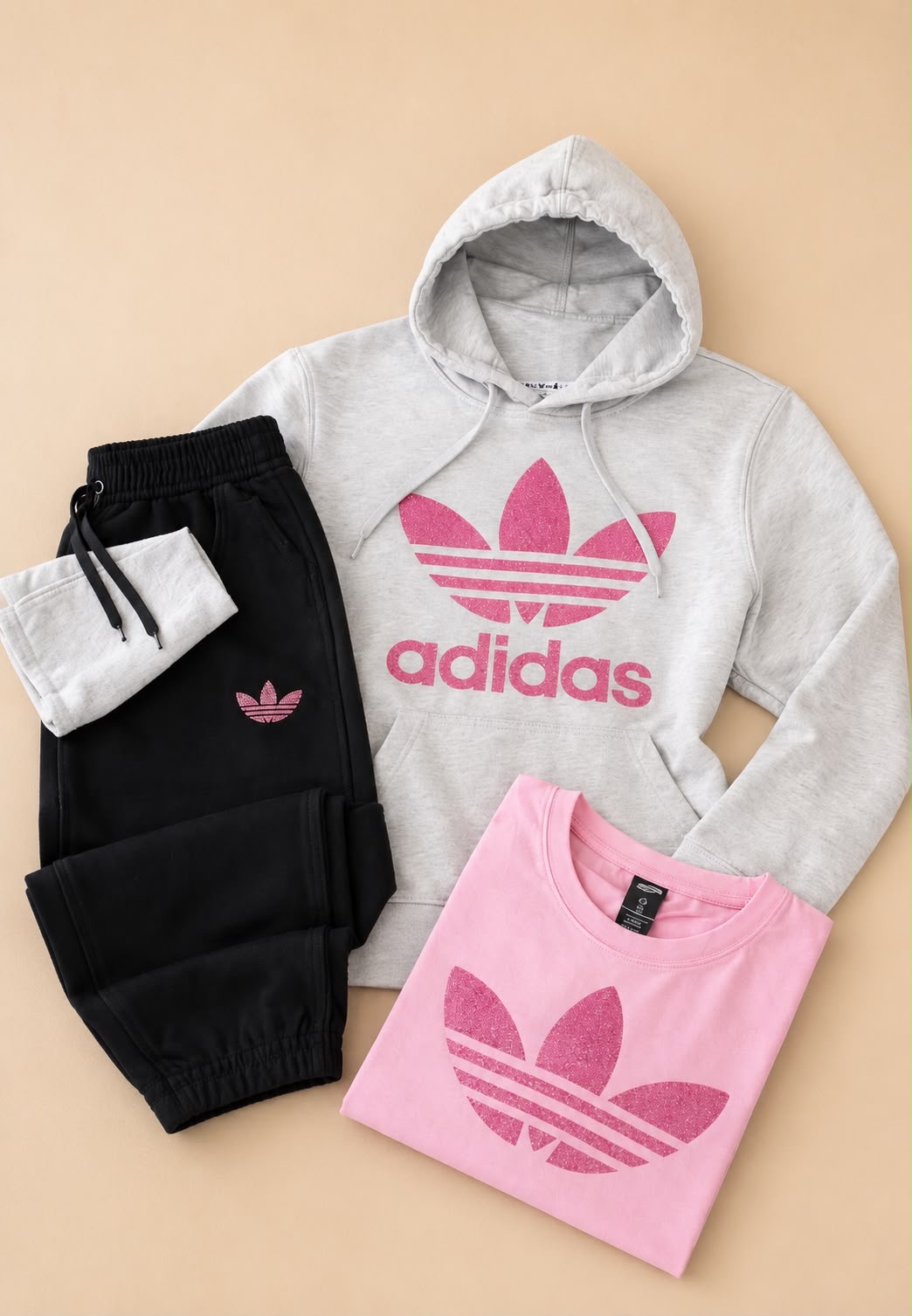 Conjunto Deportivo Triple Gris Melange & Negro con Glitter Rosado