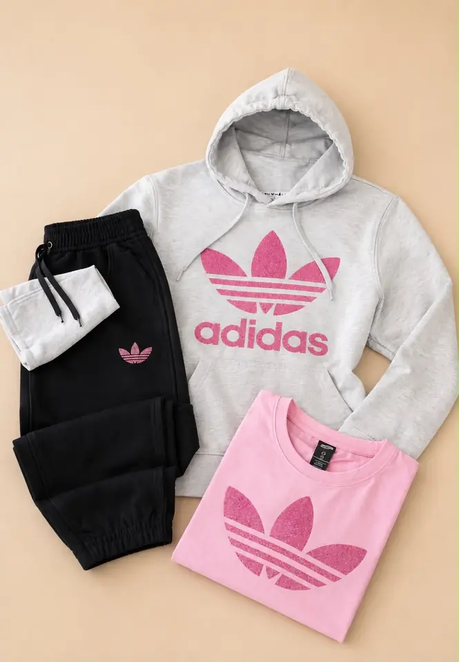 Conjunto Deportivo Triple Gris Melange & Negro con Glitter Rosado
