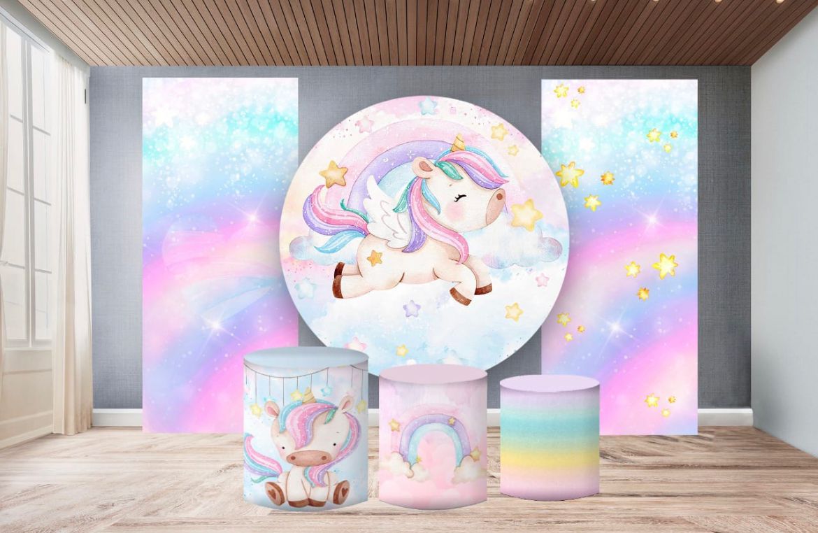 Kit panel circular,dos paneles laterales,trio de fundas - Unicornio
