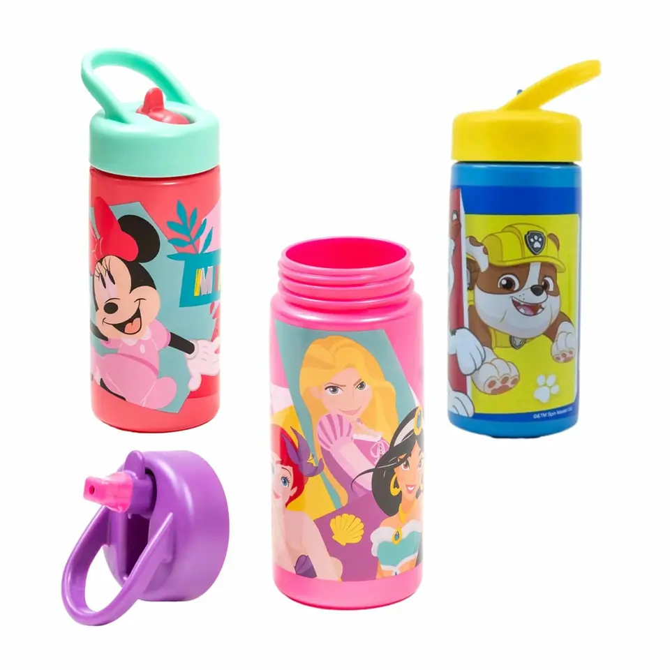 Botella Plástico 410 Ml Libre Bpa Pajita Rebatible Varios Personajes