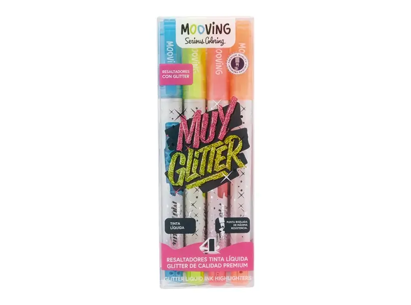 Pack 4 Resaltador Marcador Brillo Muy Glitter Mooving