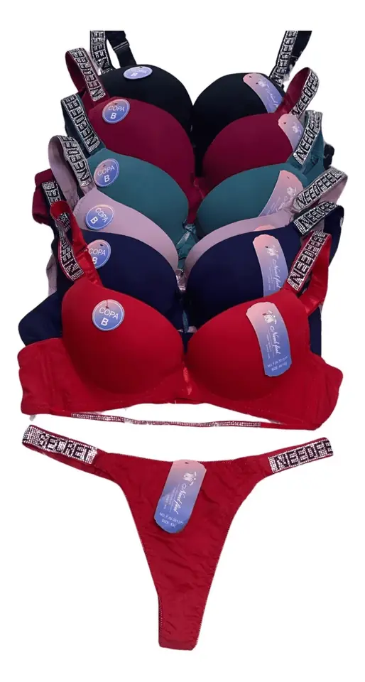 Conjunto Lenceria 2 Pzs Sosten Tanga Liso Brillo Copa B