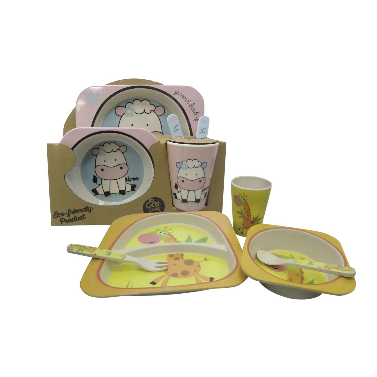 Set Bazar X 5 Fibra De Bambú Vaso Plato Bowl Cubiertos Bebe