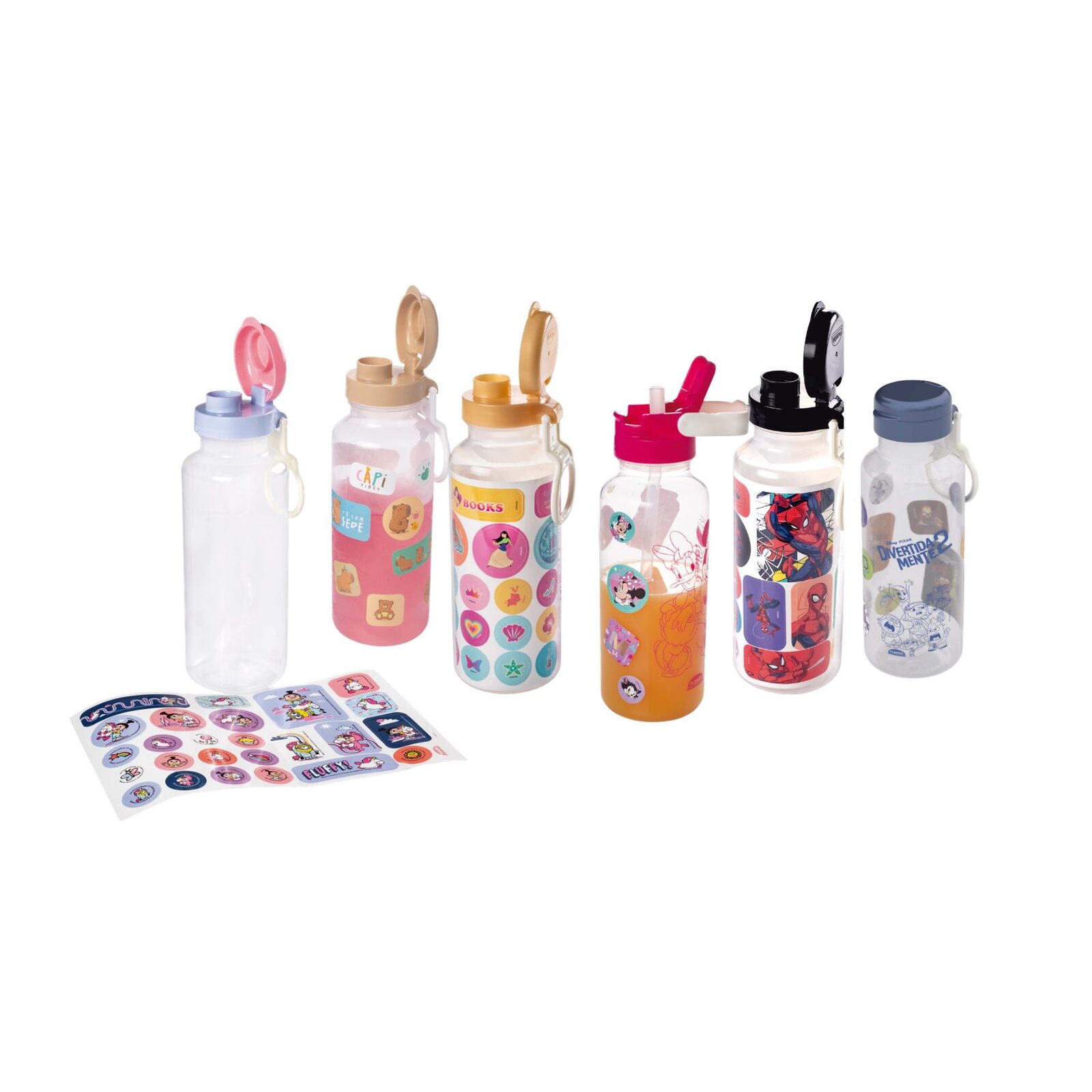 Botella Plastica Fun 600 Ml Con Adhesivos Stickers Varios Personajes