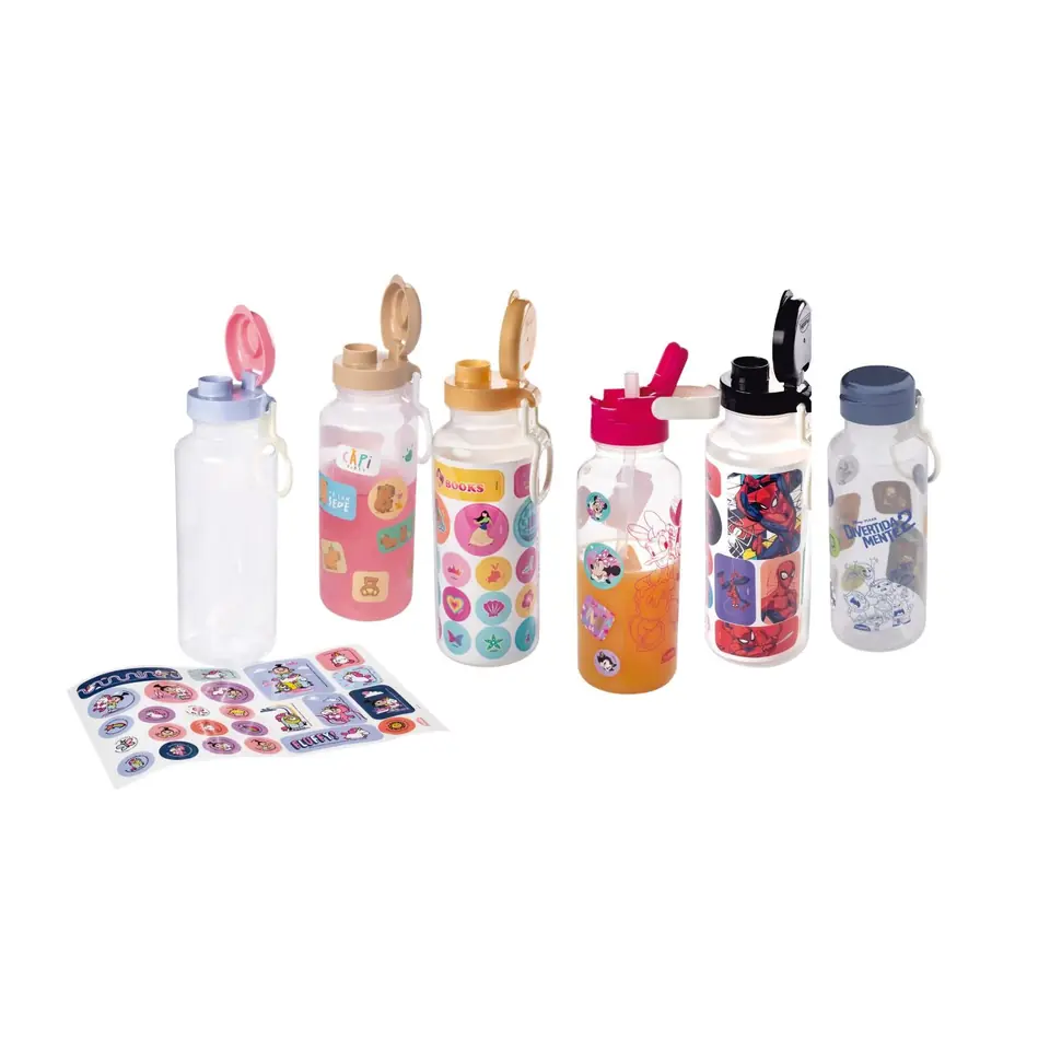 Botella Plastica Fun 600 Ml Con Adhesivos Stickers Varios Personajes
