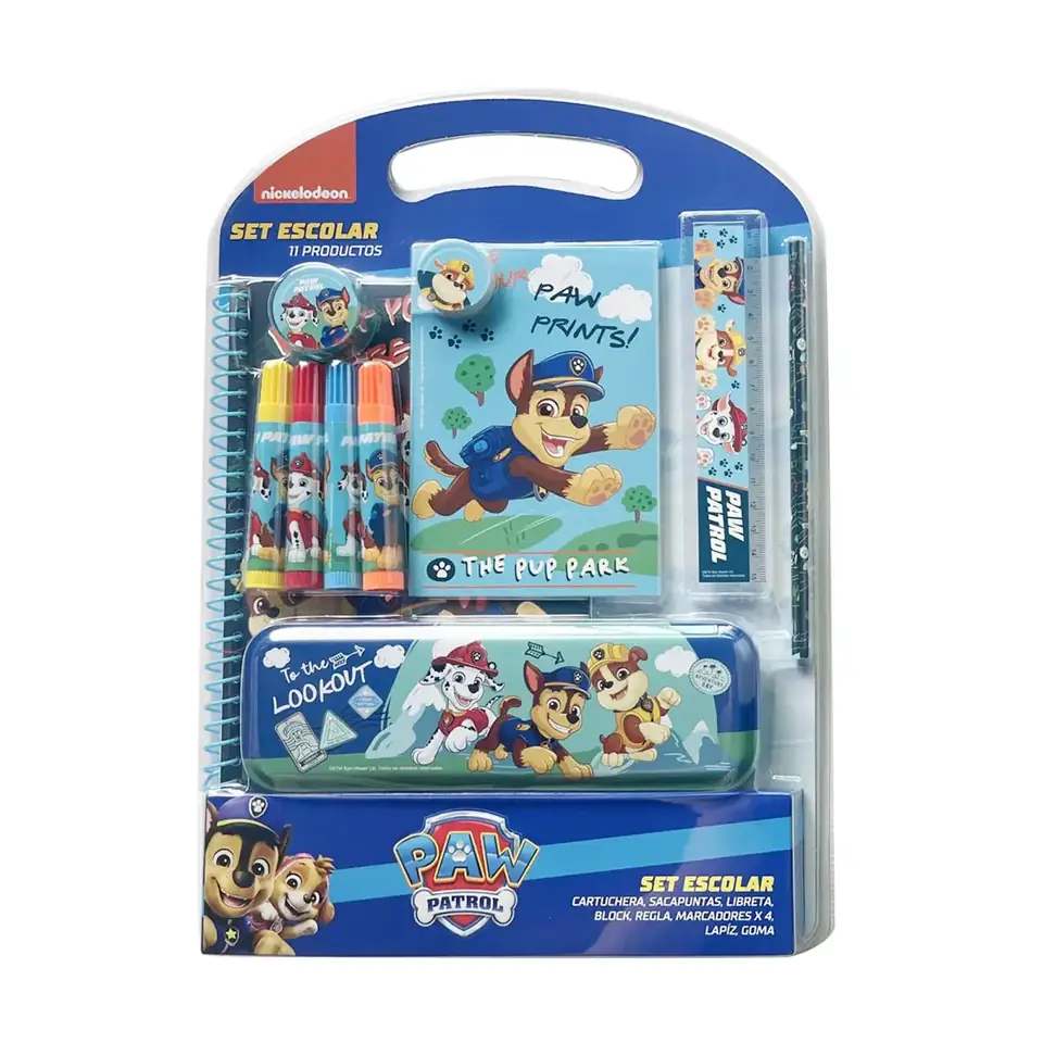 Set Escolar x 8 Paw Patrol: Cartuchera, sacapuntas, libretas, block, regla, marcadores, lápiz y goma