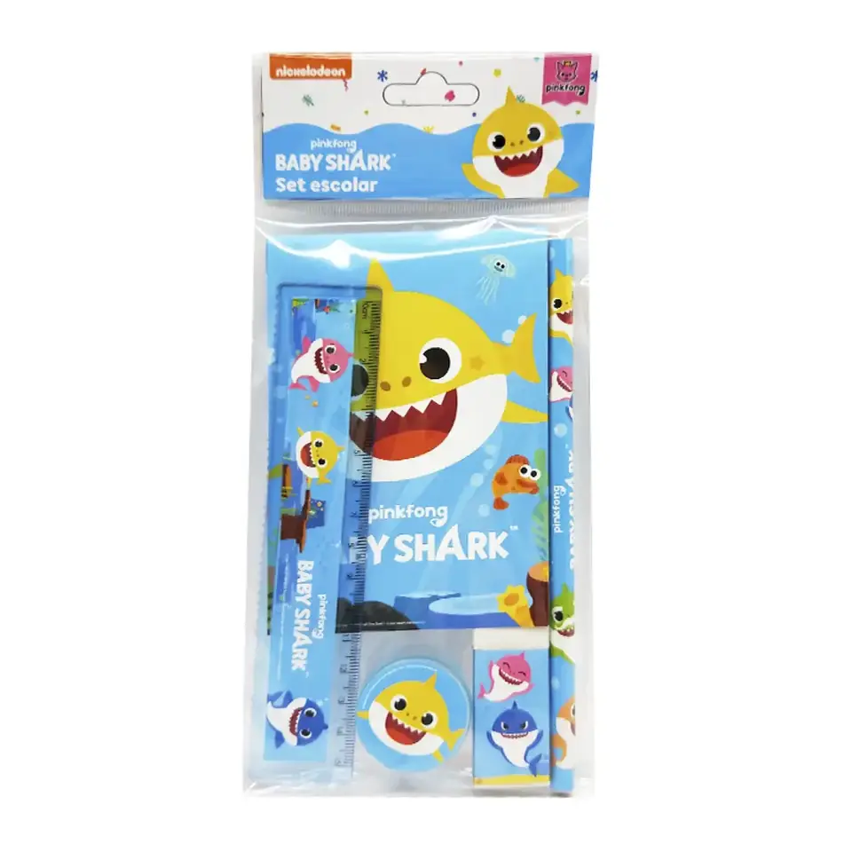 Set Escolar Libreta Lápiz Goma Regla Sacapuntas Baby Shark