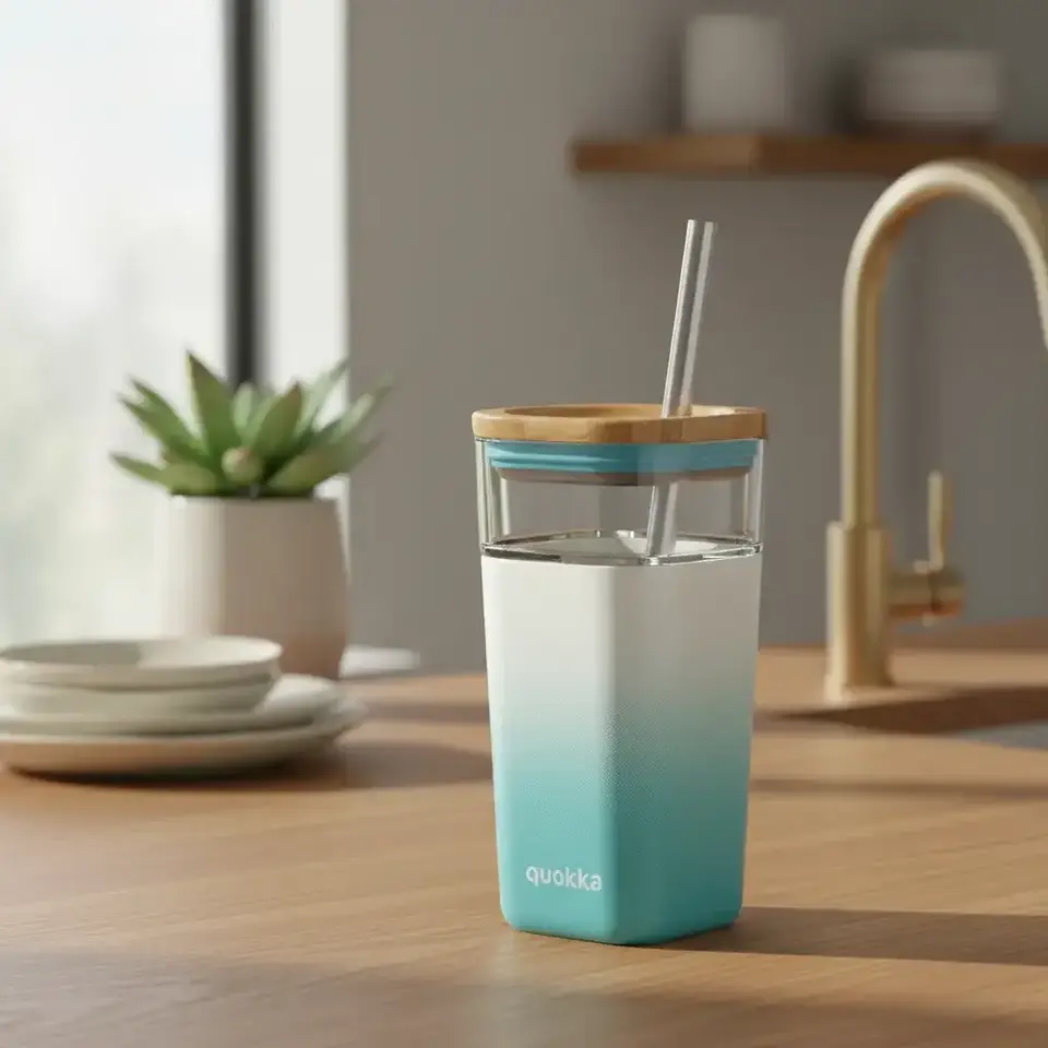 Vaso De Cristal Quokka Liquid Cube 540 Ml Con Pajita Sorbito