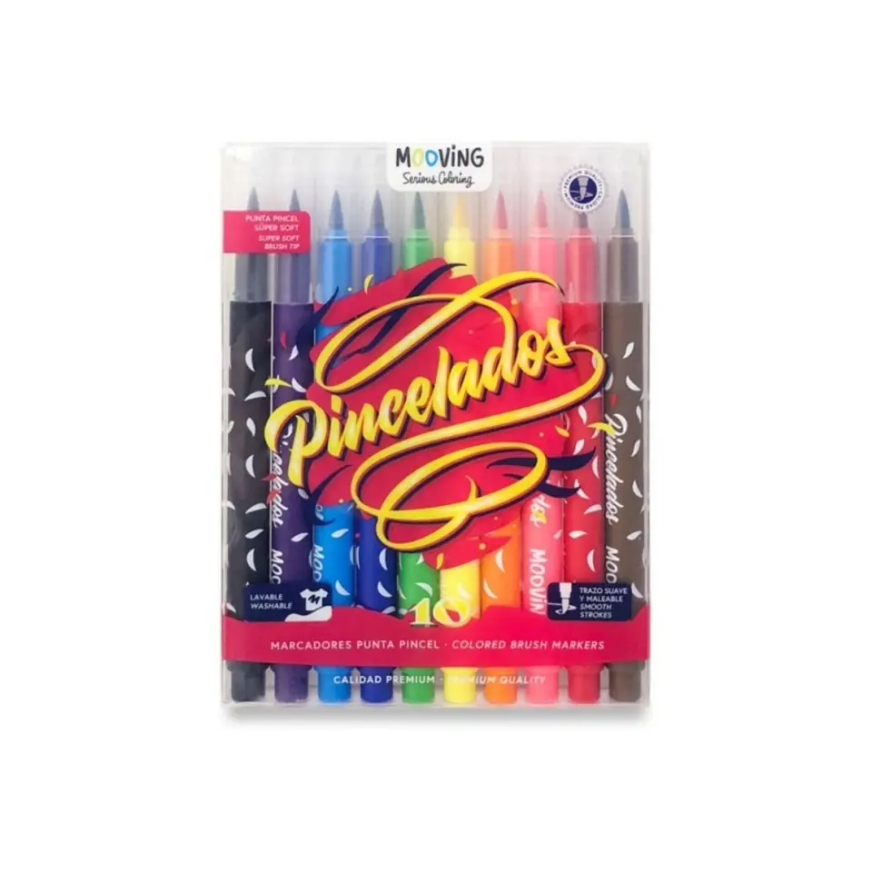 Pack 10 Marcadores Pincelados Mooving Punta Pincel 4 Mm