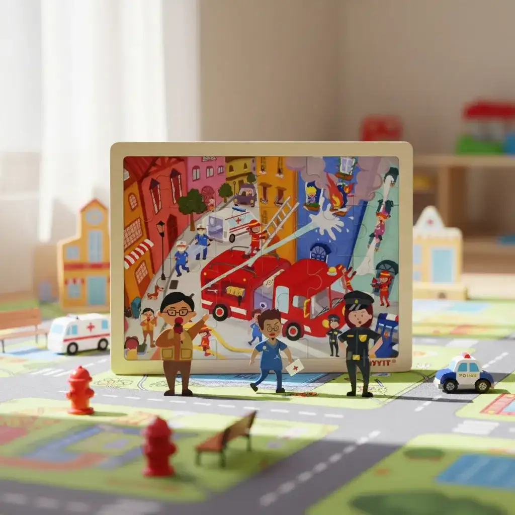 Puzzle 24 Piezas Bomberos De Madera 30 Cm + 3 Años