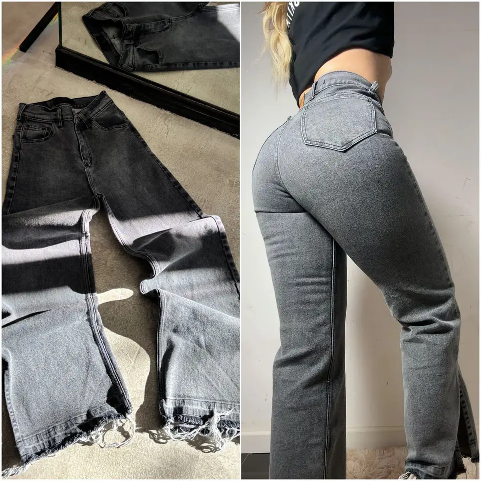 Pantalon wid leg gris con tajo desflecado