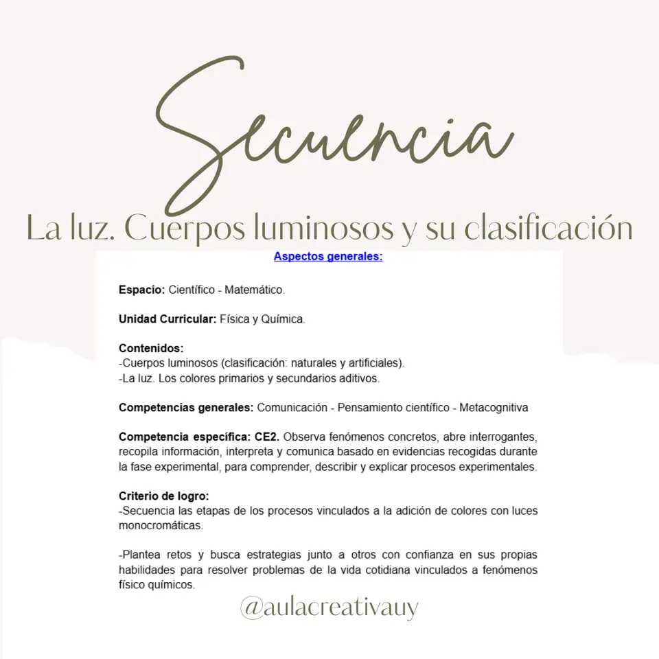 Secuencia - La luz. Cuerpos luminosos y su clasificación - Primer año