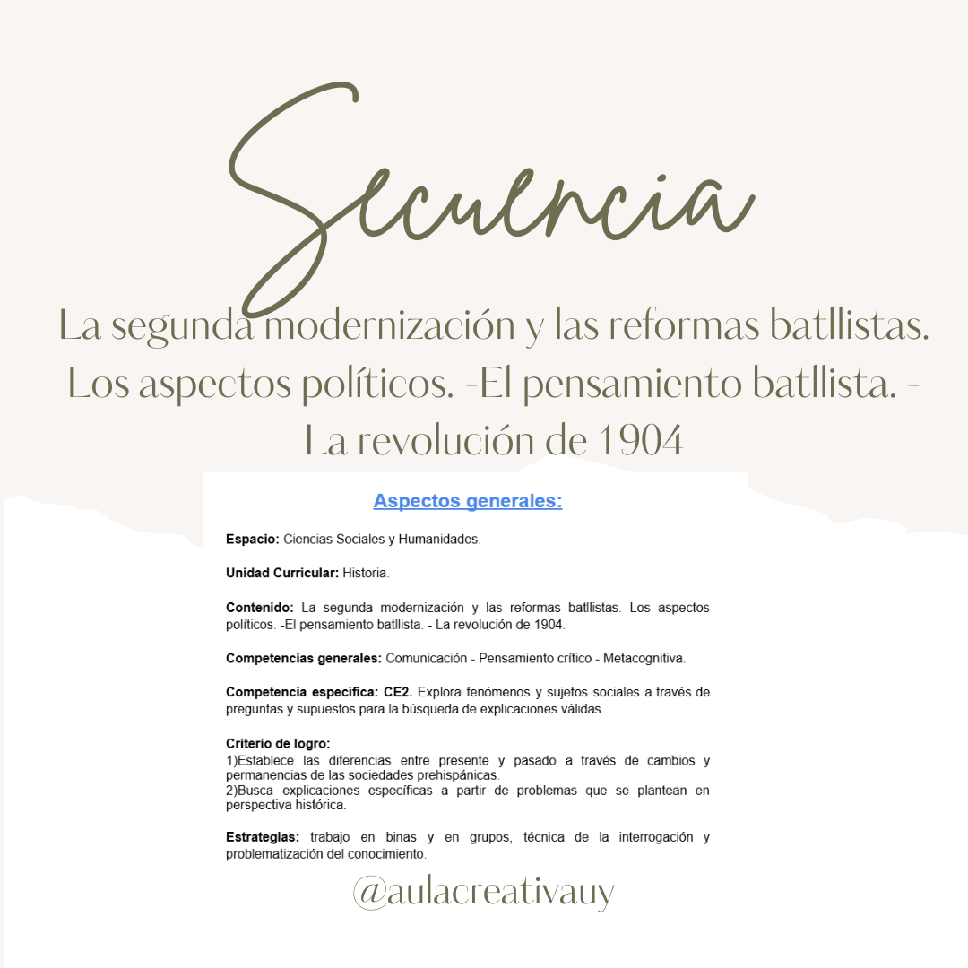 Secuencia - La segunda modernización y las reformas batllistas. Los aspectos políticos. -El pensamiento batllista. - La revolución de 1904 - Sexto año
